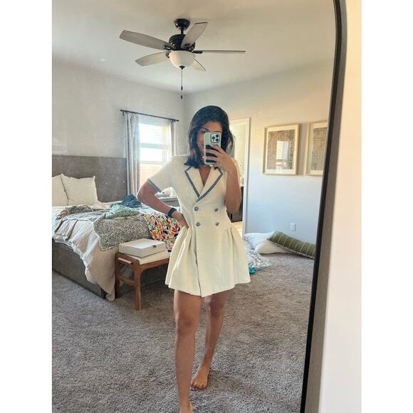 SANDRO Off White Tweed Blue Trim A-Line Double Breasted Seville Dress Size 36 - Picture 14 of 16